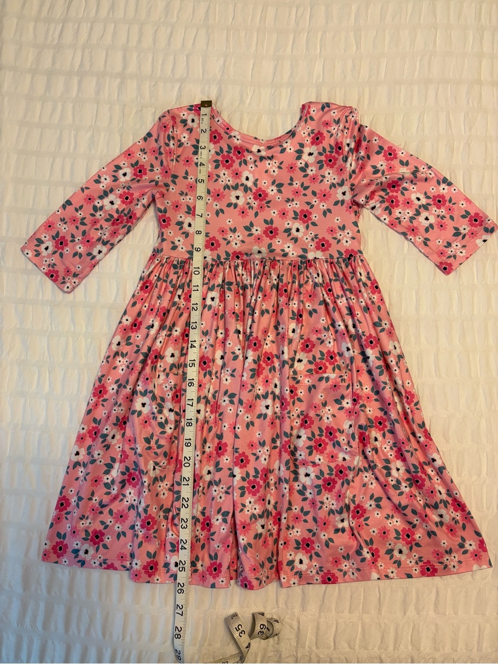 Girls' Pink Floral 3/4 Sleeve Dress